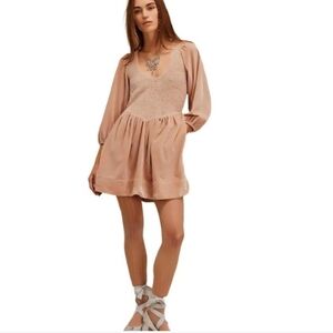 NWT FREE PEOPLE Farrier Velvet Mauve Smocked Babydoll Mini Dress Size S